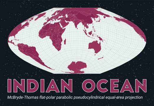 Indian Ocean. World map. McBryde-Thomas flat-polar parabolic pseudocylindrical equal-area projection centered to Indian Ocean. Pale Mint Dark Pink palette. Vintage texture.