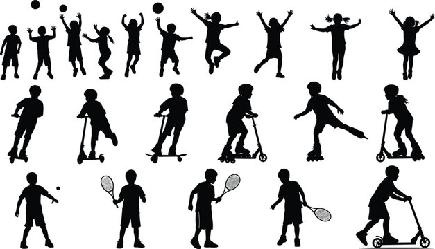 Children Playing Silhouette Vector Set Collection of Kids Jumping Playing Tennis and Riding Scooters for Active Youth and School Designs
