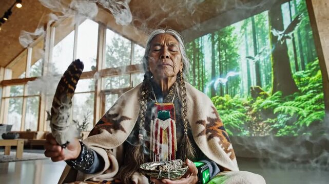 Indigenous person performs smudging ceremony with futuristic bracelets