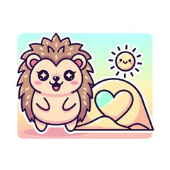 Naklejka premium Cute Hedgehog with Heart and Sun.