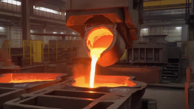 Molten metal being poured into molds at a foundry, showcasing industrial manufacturing processes