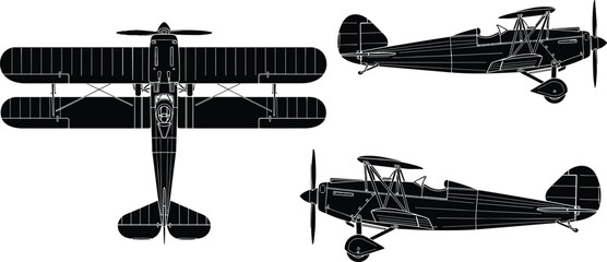Vintage biplane silhouette collection, antique propeller aircraft vector, retro aviation set, old airplane icons, classic flight shapes, black pilot graphics, © Sabbir's World