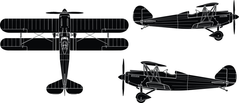 Vintage biplane silhouette collection, antique propeller aircraft vector, retro aviation set, old airplane icons, classic flight shapes, black pilot graphics,