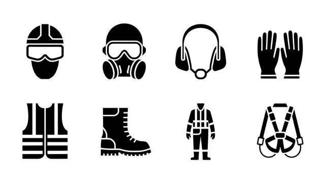 Workplace Safety Icon Set: Minimalist PPE & Construction Gear Illustrations for Occupational Safety