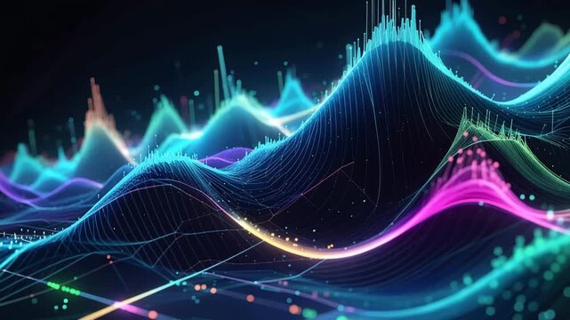 Digital Symphony: A vibrant visualization of data streams, painted with lines of electric colors, flowing in rhythmic patterns like sound waves.