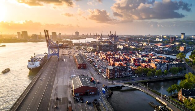 Aerial view of a bustling port with numerous containers, cranes, ships, and buildings at sunset
