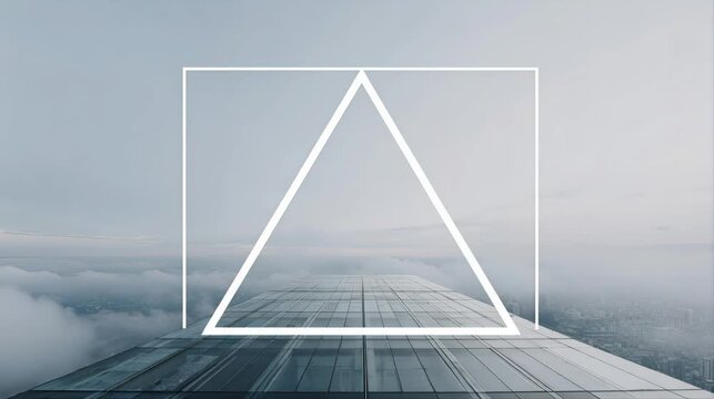 Minimalist white triangle and rectangle outline on misty foggy landscape with wooden deck. Serene geometric nature scene perfect for meditation, mindfulness branding and modern art design.