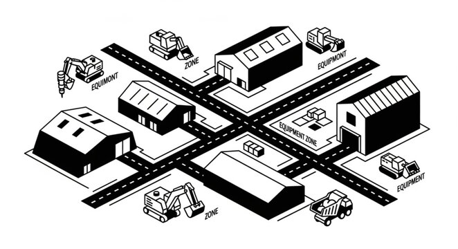 Isometric Cityscape with Industrial Buildings and Construction Vehicles.