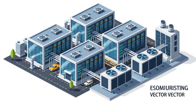 Isometric Data Center Server Campus With Cooling Units.