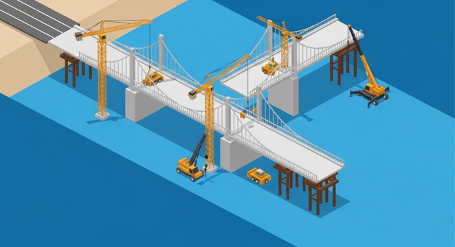Isometric Bridge Construction Site With Cranes.