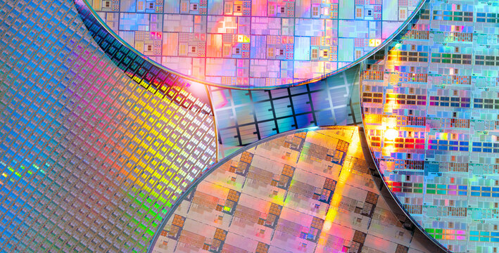 Silicon wafer for manufacturing semiconductor of integrated circuit.Electronic circuit designs have been built onto the wafers using micromaching including photolithography