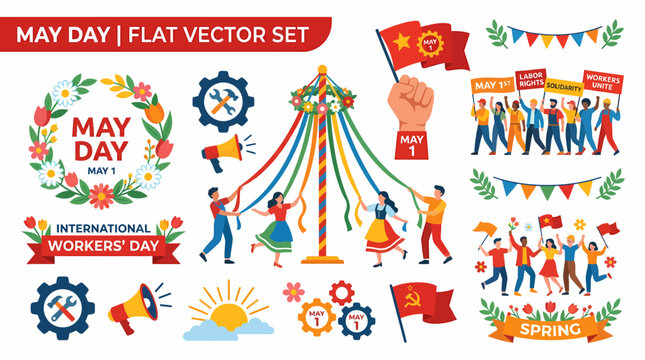 May Day Flat Vector Set: International Workers Day, Spring Celebration