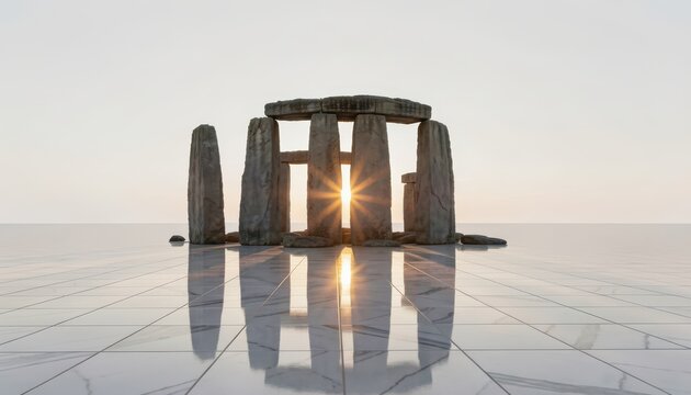 Stonehenge Monument 3D Rendering with Water Reflection and Sunrise