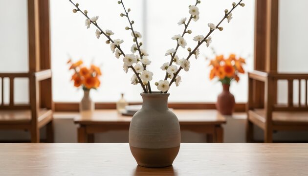 White Flowering Branches in Ceramic Vase on Wooden Table in Japanese-Style Interior