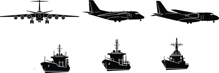 Military airplane and naval warship silhouette collection, cargo aircraft vector, destroyer ship icons, transport aviation set, marine vessel shapes, black silhouettes, © MOSTSHAHANAJ