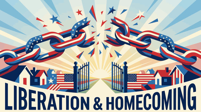 Abstract vector art of breaking chains with stars and stripes patterns for liberation and homecoming