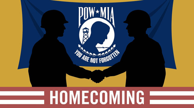 Silhouette of two soldiers shaking hands with a POW MIA flag draped in the background for homecoming