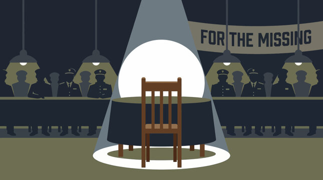 Vector illustration of a spotlight hitting an empty chair at a formal military banquet for the missing