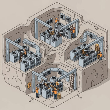 Illustration of a Bitcoin mining farm operating underground with multiple mining rigs and workers.