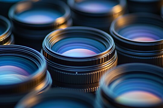 Close-up of many camera lenses
