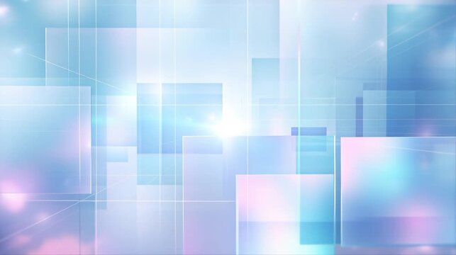 Soft blue and pink abstract square geometric background with glowing light bokeh effects. Elegant transparent layered rectangles perfect for tech branding, presentations and modern design.