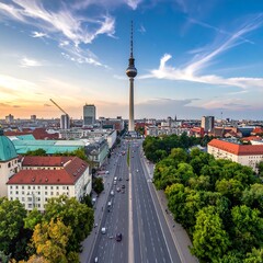 Obraz premium Aerial view of a city street leading to a tall, prominent communications tower