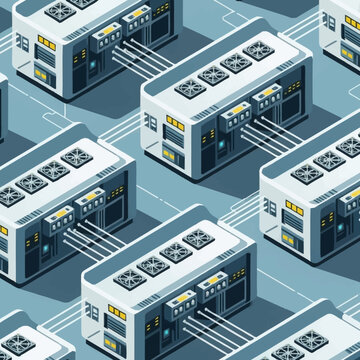 Isometric view of a seamless pattern of cryptocurrency mining servers with cooling fans and cables.