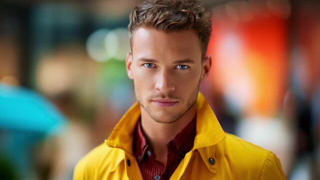 A captivating portrait of a young man with striking blue eyes and stylish attire, showcasing confidence against a vibrant urban backdrop in soft focus.