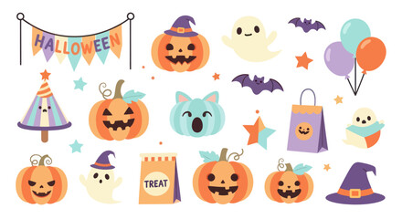 Obraz premium Cute Halloween Flat Vector Illustration Set: Spooky Pumpkins, Ghosts, Bats, Party Elements