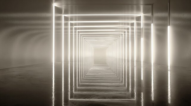 Futuristic Digital Archive Tunnel With Glowing Panels and Perspective Lines Leading Into Distance With Soft Fog Effect