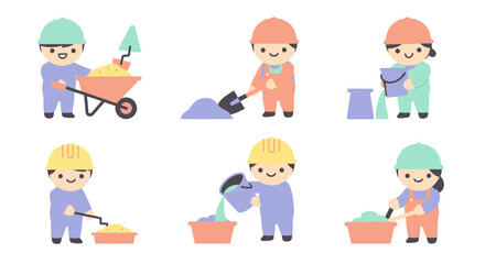 Fototapeta premium Cute Construction Workers Mixing Cement and Materials Process Flat Illustration Set