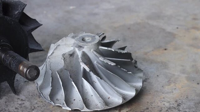 Close up panning shot of a heavily damaged silver turbocharger compressor wheel with severely broken blades on a rough, weathered workshop concrete floor.