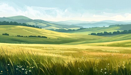 Obraz premium Golden wheat field at sunrise with rolling hills and soft morning light