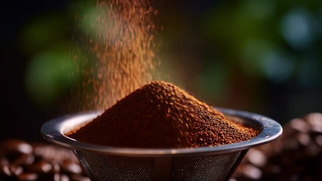 A close-up view of finely ground coffee being sifted, showcasing the rich texture and aroma as particles rise in the air, emphasizing the coffee's essence.