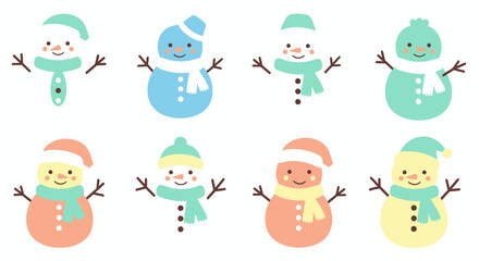Fototapeta premium Christmas Winter Holiday Celebration Cute Flat Cartoon Snowmen Vector Illustration Set