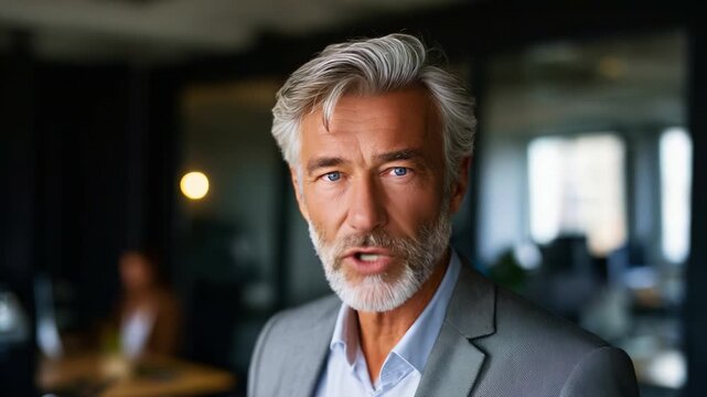 Confident Senior Businessman Engaging with Audience in Modern Office Environment, Exuding Authority and Wisdom through Focused Expressions and Professional Attire