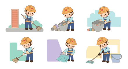 Fototapeta premium Flat Vector Illustration Set of Sanitation Worker Doing Cleaning Tasks