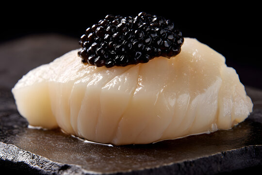 Pristine Single Hotate Scallop Nigiri with Black Caviar on a Slate Plate in Hokkaido Style Presentation