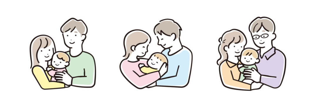 明るいパステルカラーの赤ちゃんを抱っこする親子のイラストセット 表情違い（喜び）