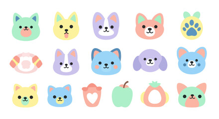 Obraz premium Cute Pastel Flat Design Pet Animal Faces Kids Objects Vector Set: Cats, Dogs, Rabbits, Icons