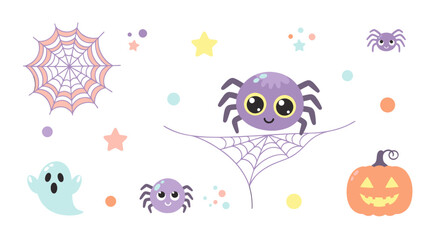 Obraz premium Cute Halloween Party Elements with Flat Spiders, Ghost, Webs, and Pumpkin for Kids