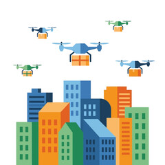 Obraz premium Delivery drones flying over urban area illustration