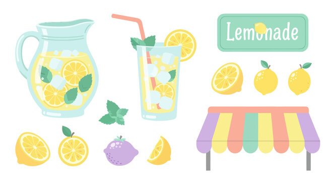 Food  Drink Flat Vector: Lemonade Stand Elements Set with Fresh Summer Drink and Lemons