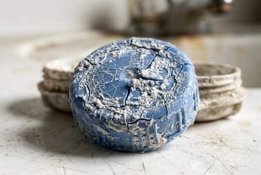 Macro close-up of a cracked plastic contact lens case cap with dried saline residue