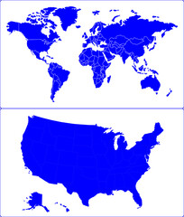 Fototapeta premium Modern Flat World Map and USA States Vector.