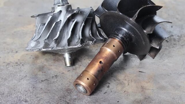 Panning shot of a black damaged turbocharger turbine wheel with fractured blades and a dirty shaft assembly with bronze bearing sleeve on a weathered workshop floor.
