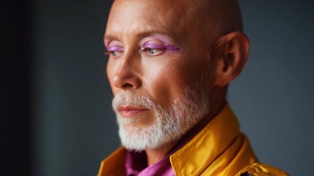A striking portrayal of individuality and style, showcasing a confident person with vibrant makeup and a fashionable outfit, embodying modern artistic expression.