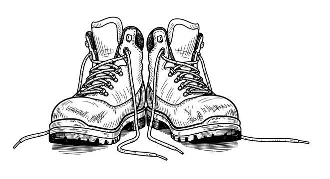 Hand-drawn sketch of a pair of old hiking boots with untied laces.