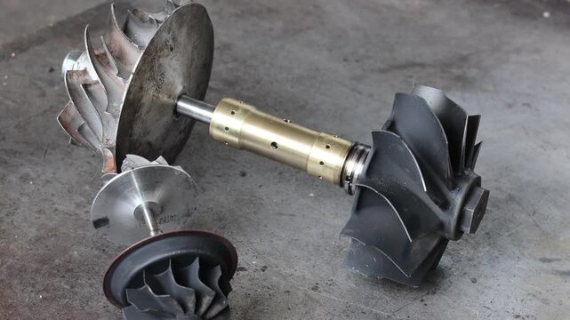 Panning shot of a disassembled turbocharger shaft assembly on a rustic workshop surface, showing brass bearings, turbine, and compressor wheels for an engine overhaul.