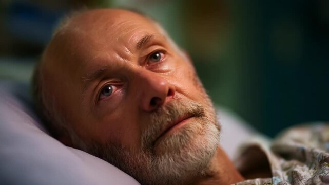 A contemplative elderly man reflects with deep emotions while resting in a hospital bed, showcasing the vulnerability and tenderness of the human experience in challenging times.